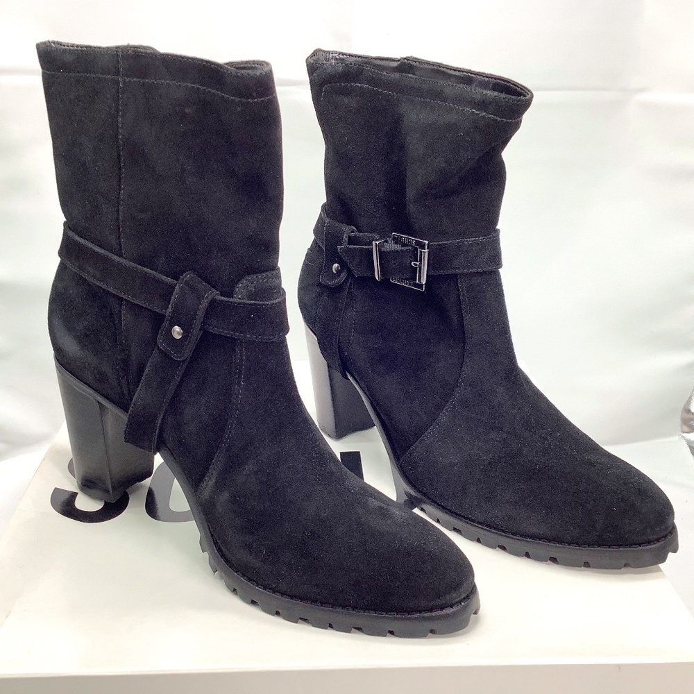 Nib Schulz Black Leather Suede Mid-Heel Lug Bootie Size 9B